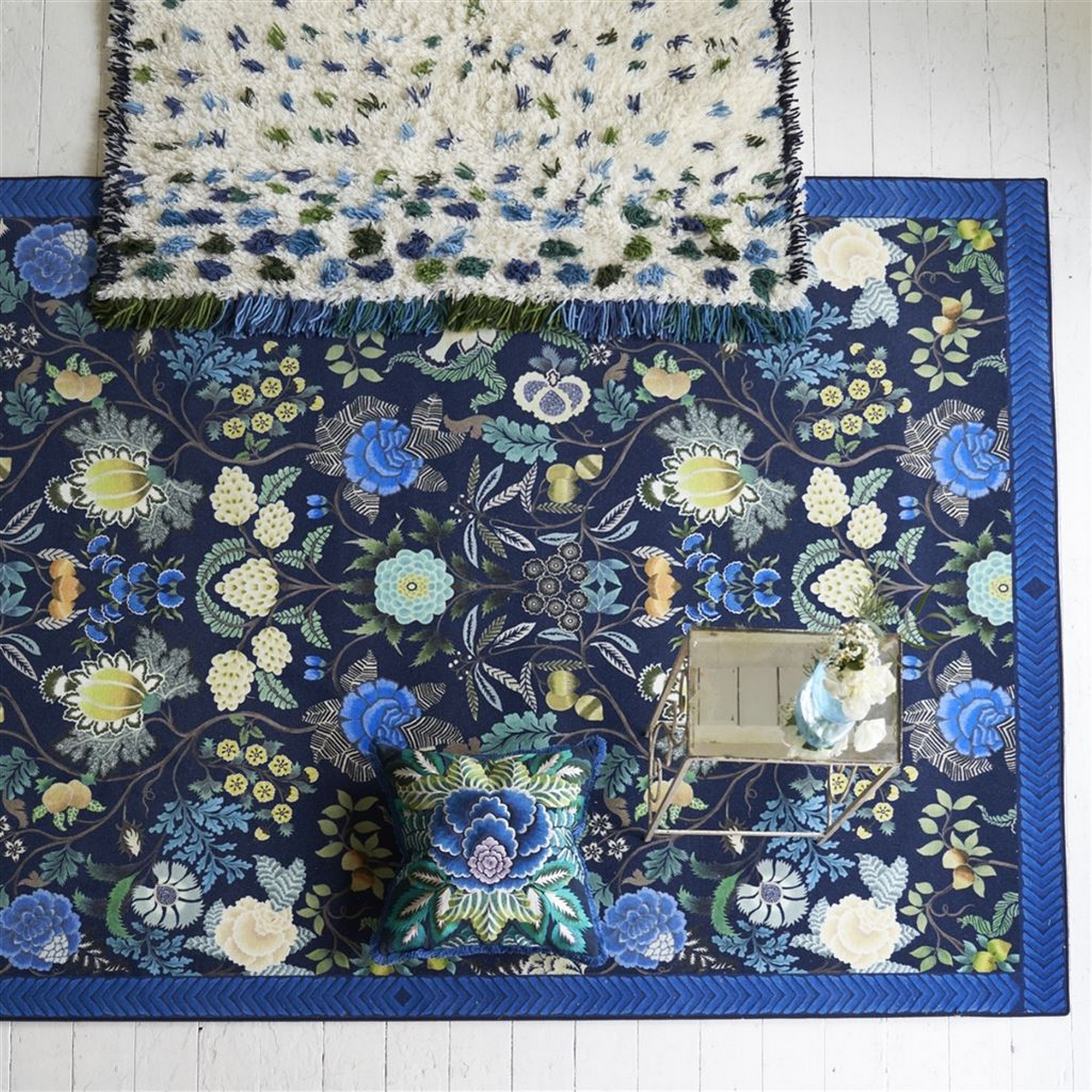 Brocart Decoratif Floral Rugs By Designers Guild In Indigo Blue